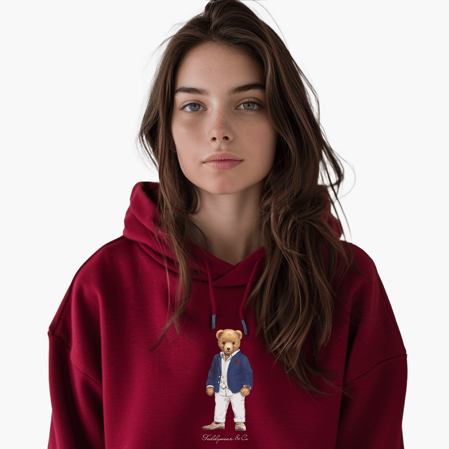 Hoodies - Teddywear & Co girl wearin a hoodie featuring the Smart Casual Bear Design 