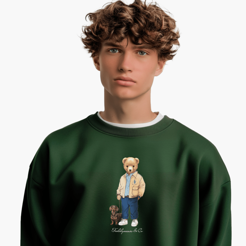 Sweatshirts - Teddywear & Co Young man wearing a classic green Sweatshirt featuring the Doglover Bear Design 